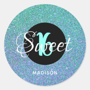 Sticker Rond Moderne Sweet 16 Parties scintillant Aqua Turquois
