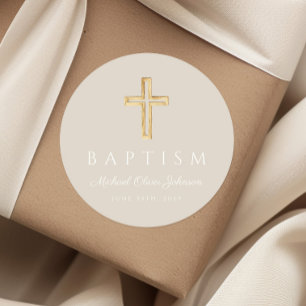 Sticker Rond Moderne Taupe Croix Religieuse Baptême