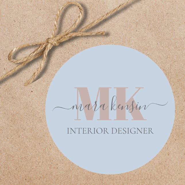 Sticker Rond Modert Mocha Mousse Monogram Poussiéreux Bleu (Créateur téléchargé)