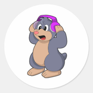 Sticker Rond Mole à la musique avec casque