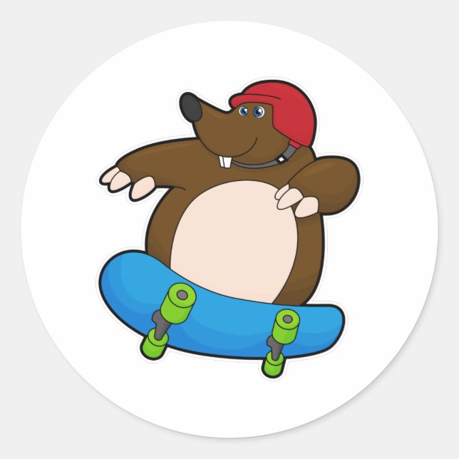 Sticker Rond Mole en Skate avec Skateboard & Casque (Devant)