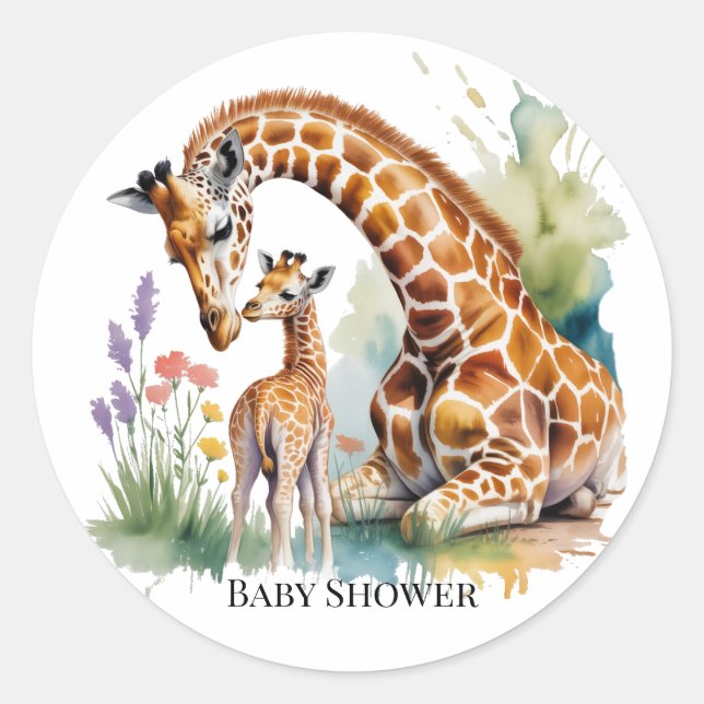 Sticker Rond Mom and Me Watercolor Giraffe Baby Shower (Devant)