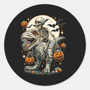 Sticker Rond Momie à cheval sur un squelette Dinosaure T Rex En