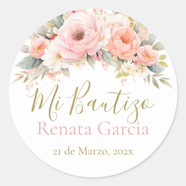 Sticker Rond Mon Baptême fleurs roses (Devant)