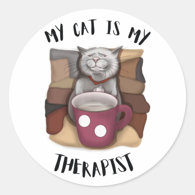 Sticker Rond Mon chat est Mon Thérapeute. Café (Devant)