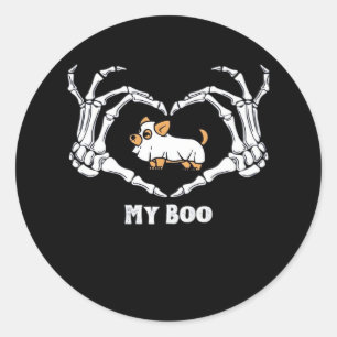 Sticker Rond Mon Costume Boo Chihuahua Avec Mains Coeurs Squele