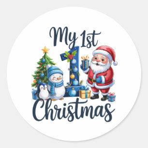 Sticker Rond Mon premier 1er Noël bébé garçon bleu Noël bonhomm