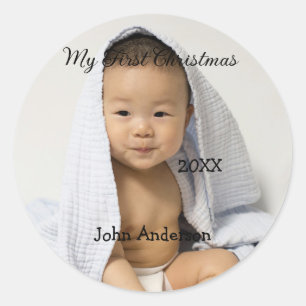 Sticker Rond Mon premier Noël ajoutez nom de bébé date année ph