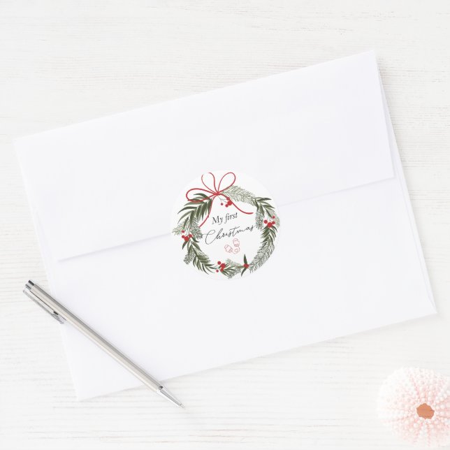 Sticker Rond Mon premier Noël avec couronne de Noël (Enveloppe)