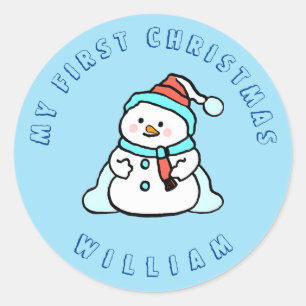 Sticker Rond Mon premier Noël   Snowman Custom Blue