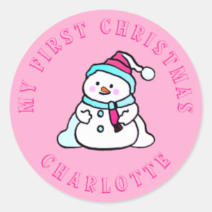 Sticker Rond Mon premier Noël Snowman Custom Pink