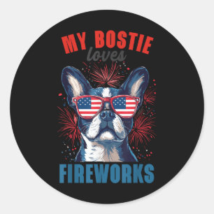 Sticker Rond Mon Terrier de Boston Aime les Feux d'Artifice 4 J