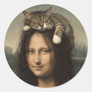 Sticker Rond Mona Lisa avec chat endormi
