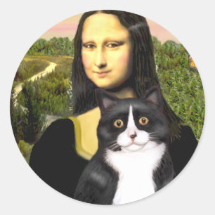 Sticker Rond Mona Lisa - chat noir et blanc