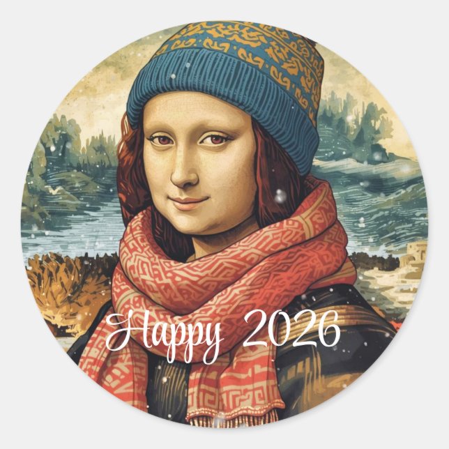 Sticker Rond Mona Lisa en bonnet - Joyeux 2026 (Devant)