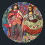 Sticker Rond Mona Lisa Romantic Funny Art coloré<br><div class="desc">Cette merveilleuse invitation prend des éléments de la Mona Lisa et de Van Gogh's Starry nuit pour faire un thème mariage exceptionnellement unique et fantasque stationnaire pour une invitation, merci, numéro de table, et plus encore! Mona Lisa - Cette image présente la Mona Lisa avec son homme, dansant dans la...</div>