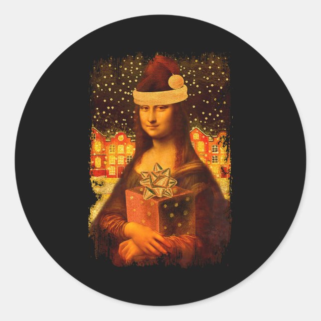 Sticker Rond Mona Lisa With Santa Hat For Art Teacher Mona Lisa (Devant)