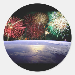 Sticker Rond Monde et feux d'artifice