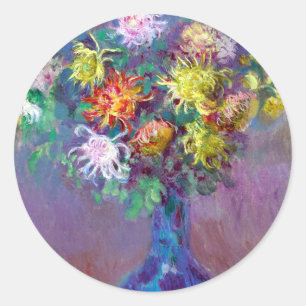Sticker Rond Monet Vase de Chrysanthèmes Fleurs