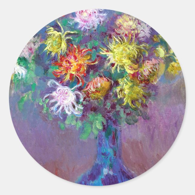 Sticker Rond Monet Vase de Chrysanthèmes Fleurs (Devant)