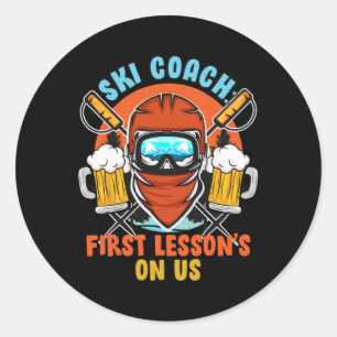Sticker Rond Moniteur de ski La première leçon est à nous Drôle