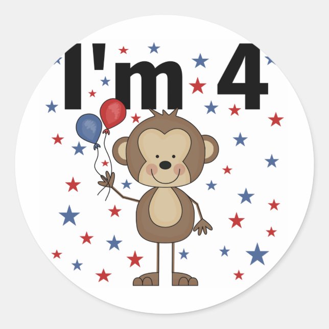 Sticker Rond Monkey I'm 4 T-shirts et cadeaux (Devant)