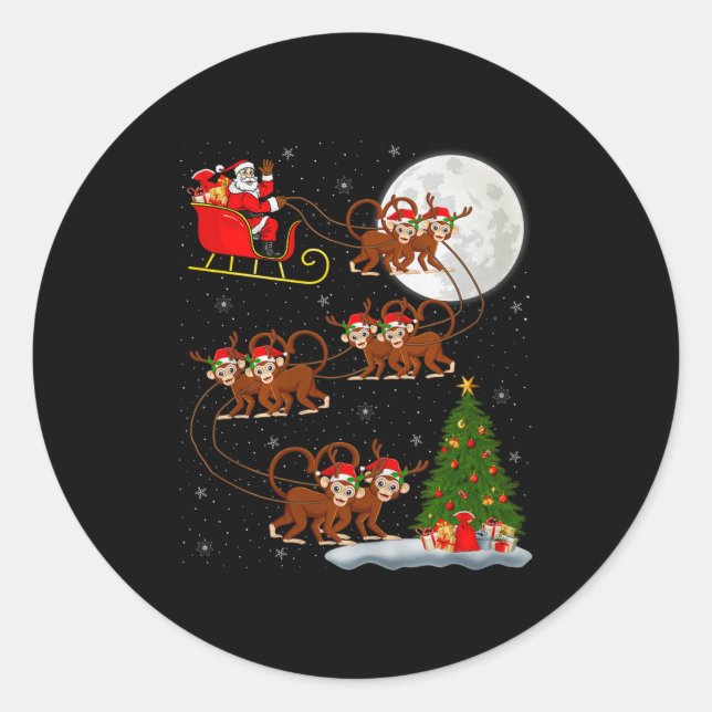 Sticker Rond Monkey Santa Sleigh Flying Funny Magical Christmas (Devant)