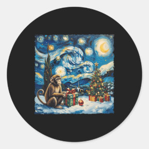 Sticker Rond Monkey Van Gogh Style Starry Night Christmas Winds