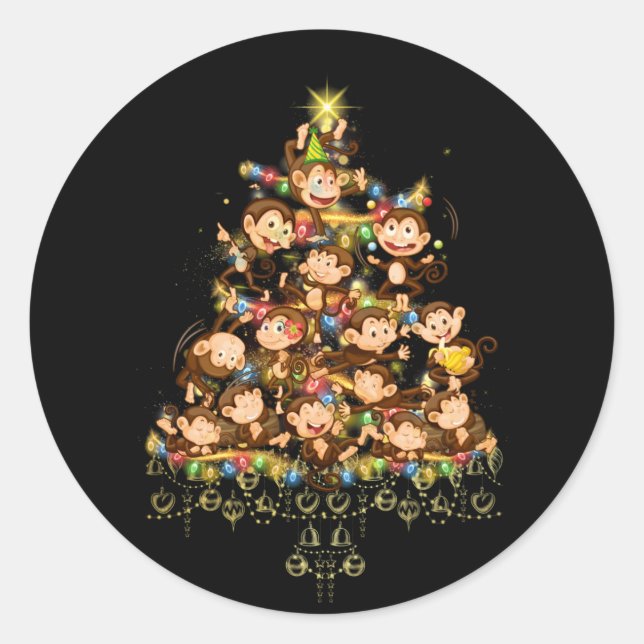 Sticker Rond Monkeys Christmas Tree Lights Holiday Monkey Lover (Devant)