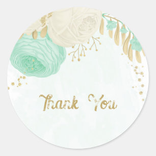 Sticker Rond Monnaie romantique vert & fleurs blanches or