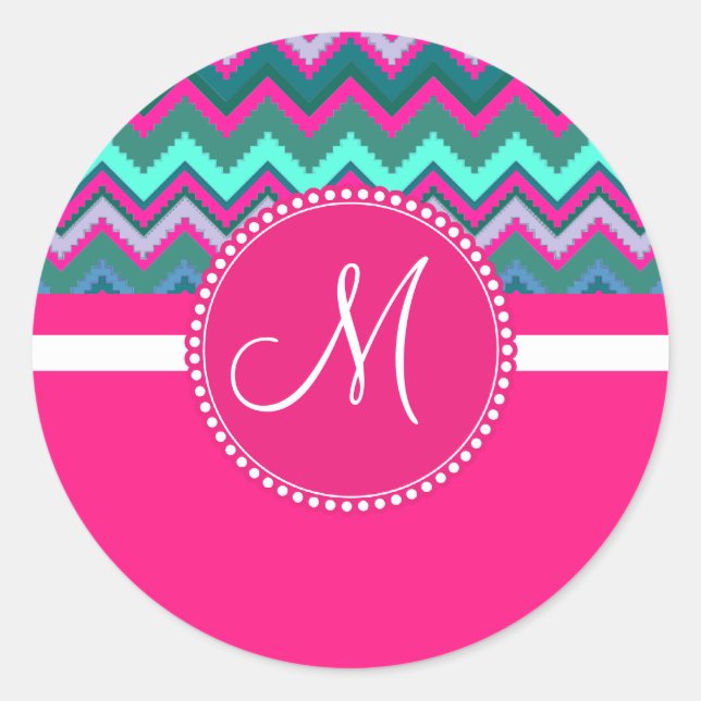 Sticker Rond Monogram Aqua Turquoise bleu rose Tribal Chevron Z (Devant)