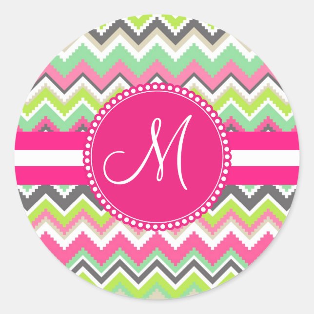 Sticker Rond Monogram Aztec Andes Tribal Mountains Chevron (Devant)