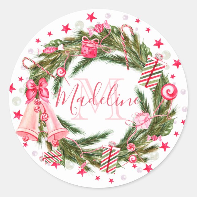 Sticker Rond Monogram Christmas Wreath (Devant)