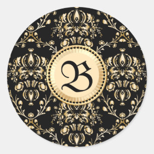 Sticker Rond Monogram Classy Elegant Gold Damask Medieval Black