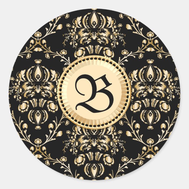 Sticker Rond Monogram Classy Elegant Gold Damask Medieval Black (Devant)