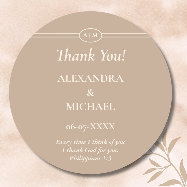 Sticker Rond Monogram Cream Taupe Christian Wedding Thank You (Créateur téléchargé)