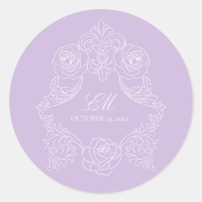 Sticker Rond Monogram Crest Ornament Purple Violet Wedding (Devant)