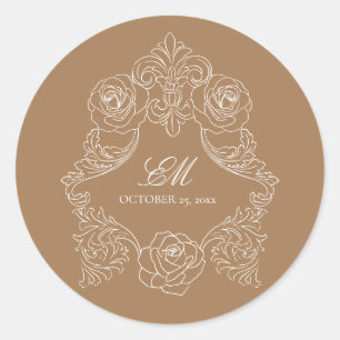 Sticker Rond Monogram Crest Ornement Golden Brown Mariage Logo