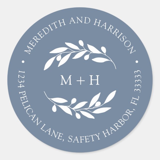 Sticker Rond Monogram Dusty Mariage bleu Adresse de retour (Devant)
