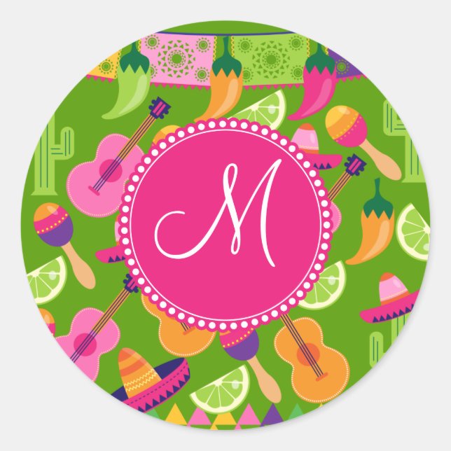 Sticker Rond Monogram Fiesta Party Sombrero Cactus Lims Poivre (Devant)