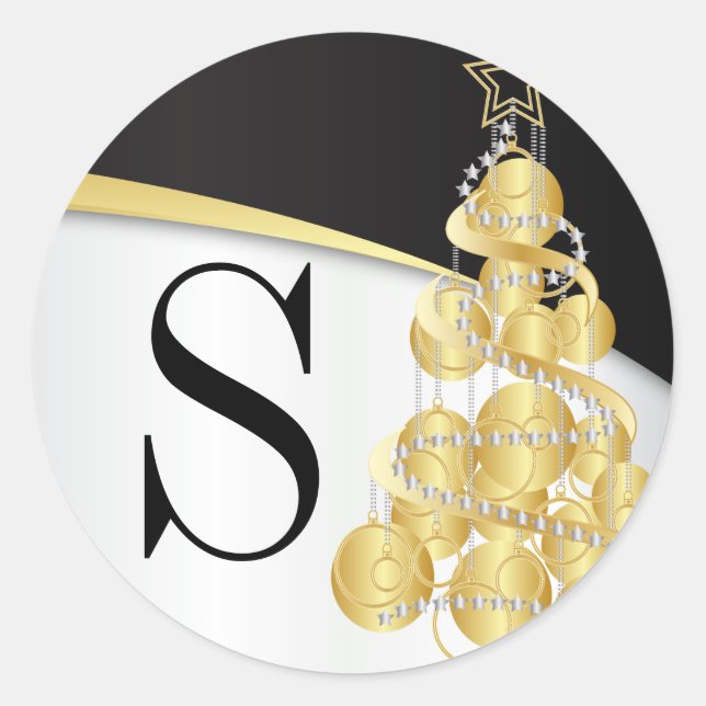 Sticker Rond Monogram Gold & Black Merry Christmas (Devant)