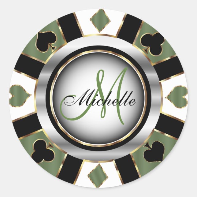 Sticker Rond Monogram Green Casino Poker Design Chip (Devant)