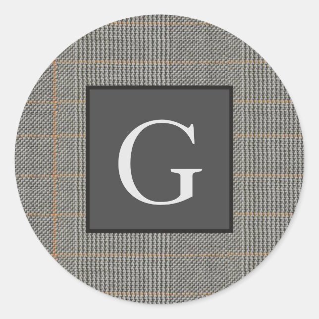 Sticker Rond Monogram Grey Tweed Groomsman Bestman Mariage Cade (Devant)