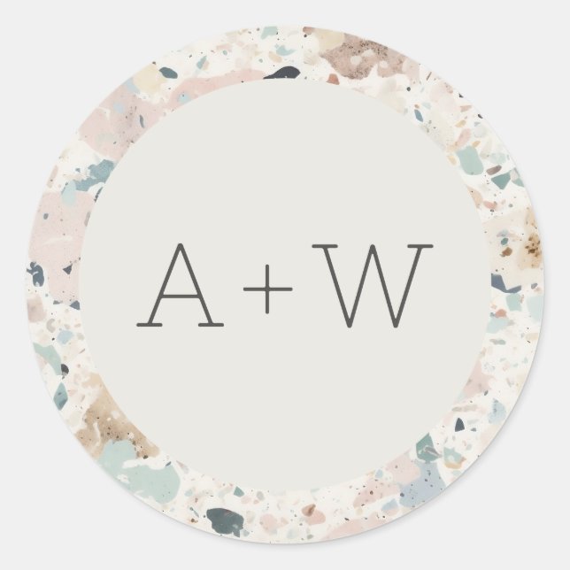 Sticker Rond Monogram Initiales Pastel Terrazzo Motif Mariage (Devant)