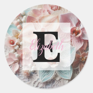 Sticker Rond Monogram lace floral pink pastel orchid flowers 