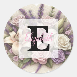 Sticker Rond Monogram lace floral purple roses lavender lilies 