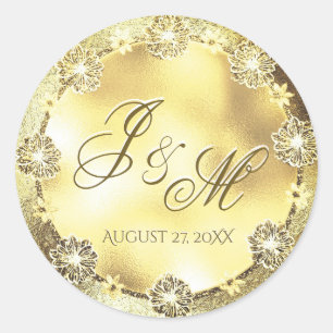 Sticker Rond Monogram Mariage Seal Gold FLowers personnalisable