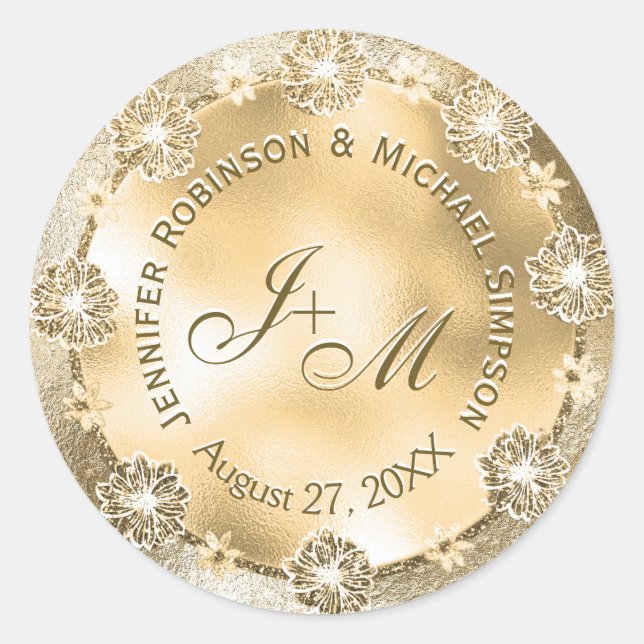 Sticker Rond Monogram Mariage Seal Gold FLowers personnalisable (Devant)