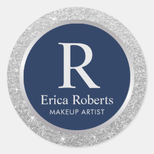 Sticker Rond Monogram Marine Bleu Élégant Parties scintillant e