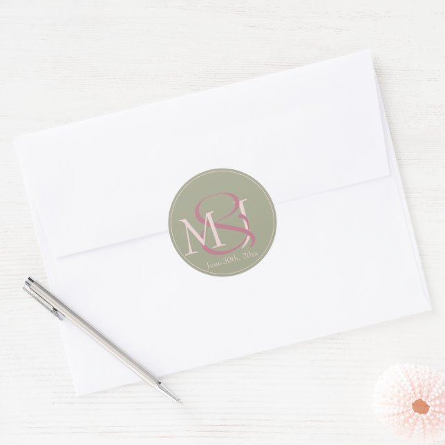Sticker Rond Monogram Minimalist Green & Pink Wedding Date (Enveloppe)